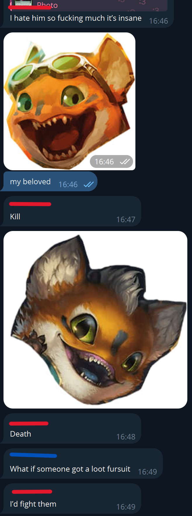 Screenshot of Telegram conversation where I am inspired to make a Loot fursuit